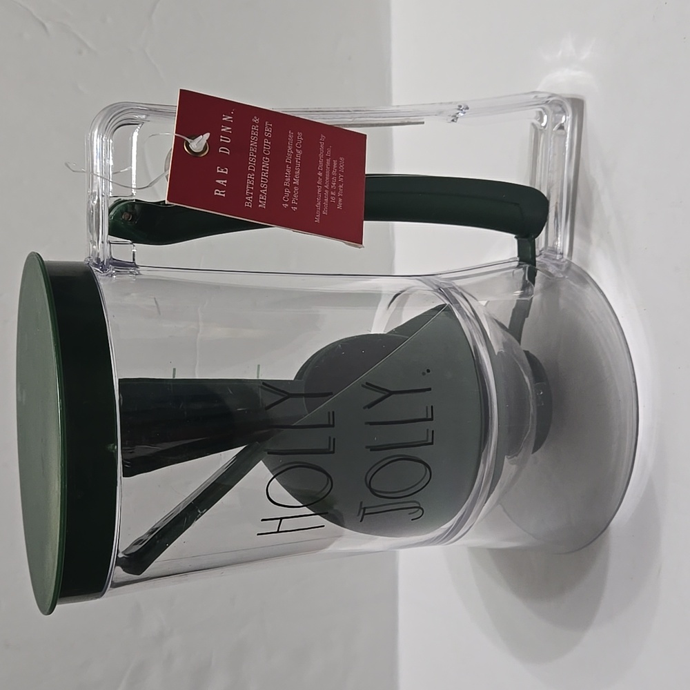 Rae Dunn "Holly Jolly" Batter Dispenser & Measuring Cup Set Green NWT